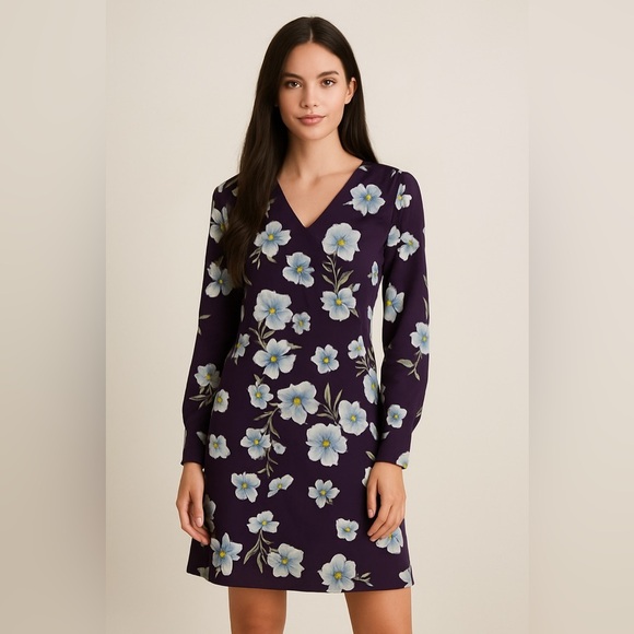 NEW! Cabi Ellery Purple Floral Long Sleeve V-Neck Dress 4018 Small Chiffon - Picture 1 of 10
